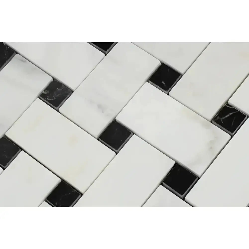 Black and white marble tile pattern in Oriental White Aurora Asian Statuary Basketweave mosaic