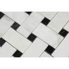 Black and white marble tile pattern in Oriental White Aurora Asian Statuary Basketweave mosaic