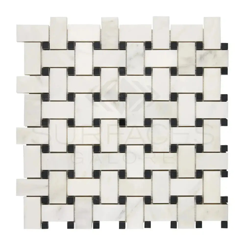 Woven white and black mosaic tile from Oriental White Aurora Asian Statuary Basketweave collection