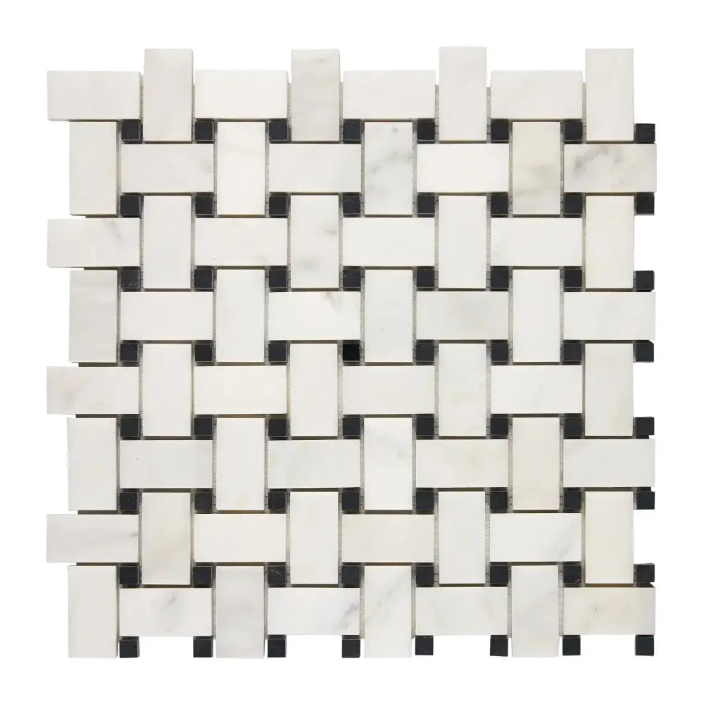 Woven white marble tile with black accents for Oriental White Aurora Asian Statuary Basketweave pattern