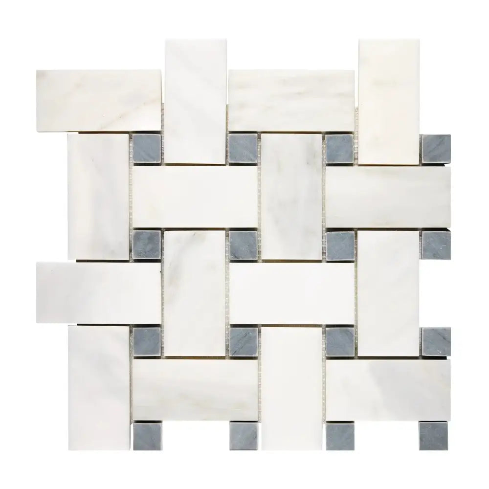 Woven white and gray mosaic tile from Oriental White Aurora with Blue-gray marble accents