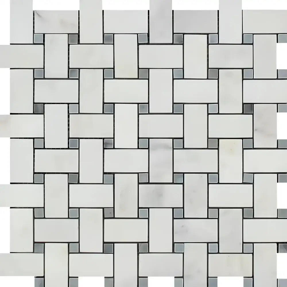 Woven White Marble Mosaic Tile from Oriental Aurora with Blue-Gray Accent in Basketweave Style