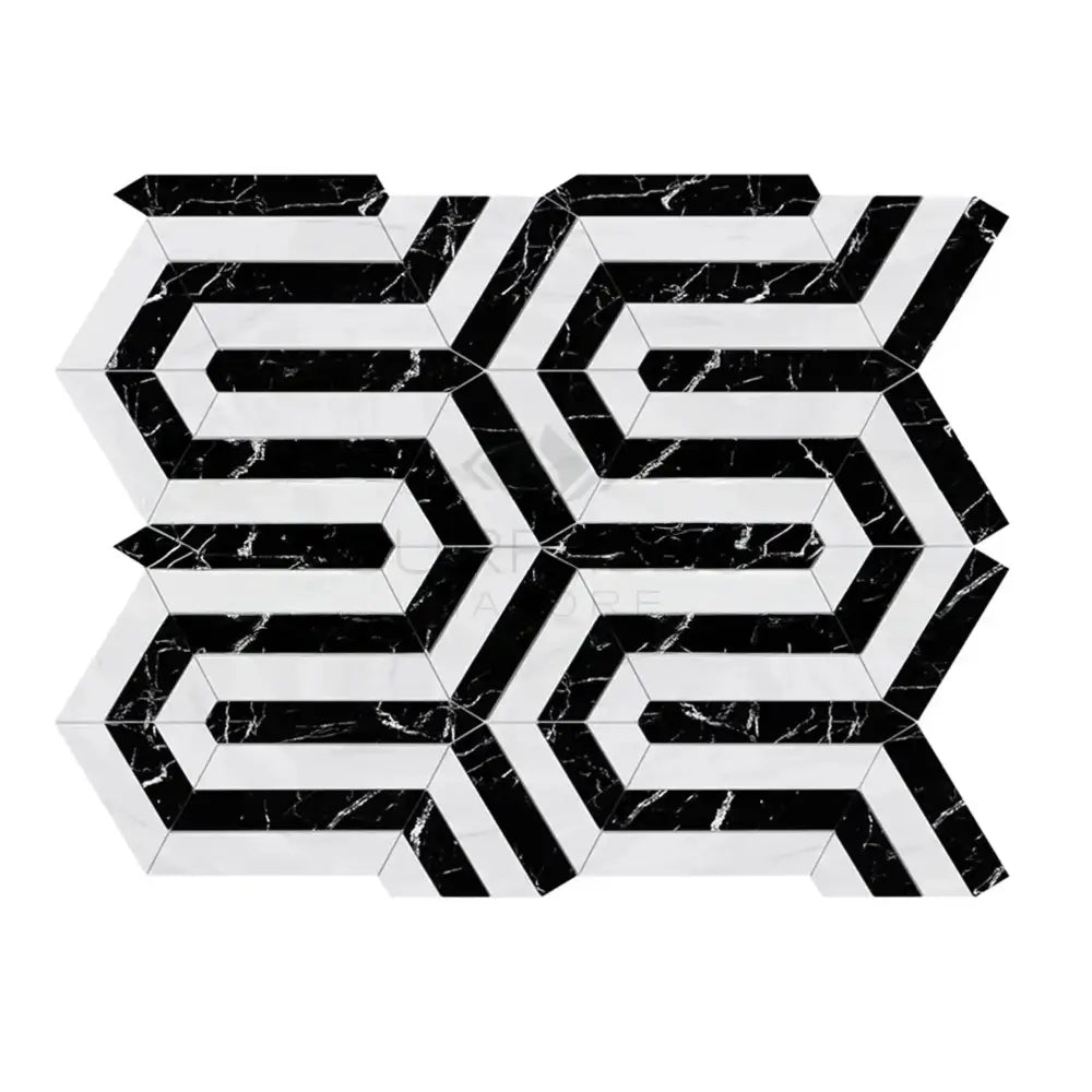 Oriental White Aurora / Asian Statuary Berlinetta Design w/Black Marble Mosaic-American Stone