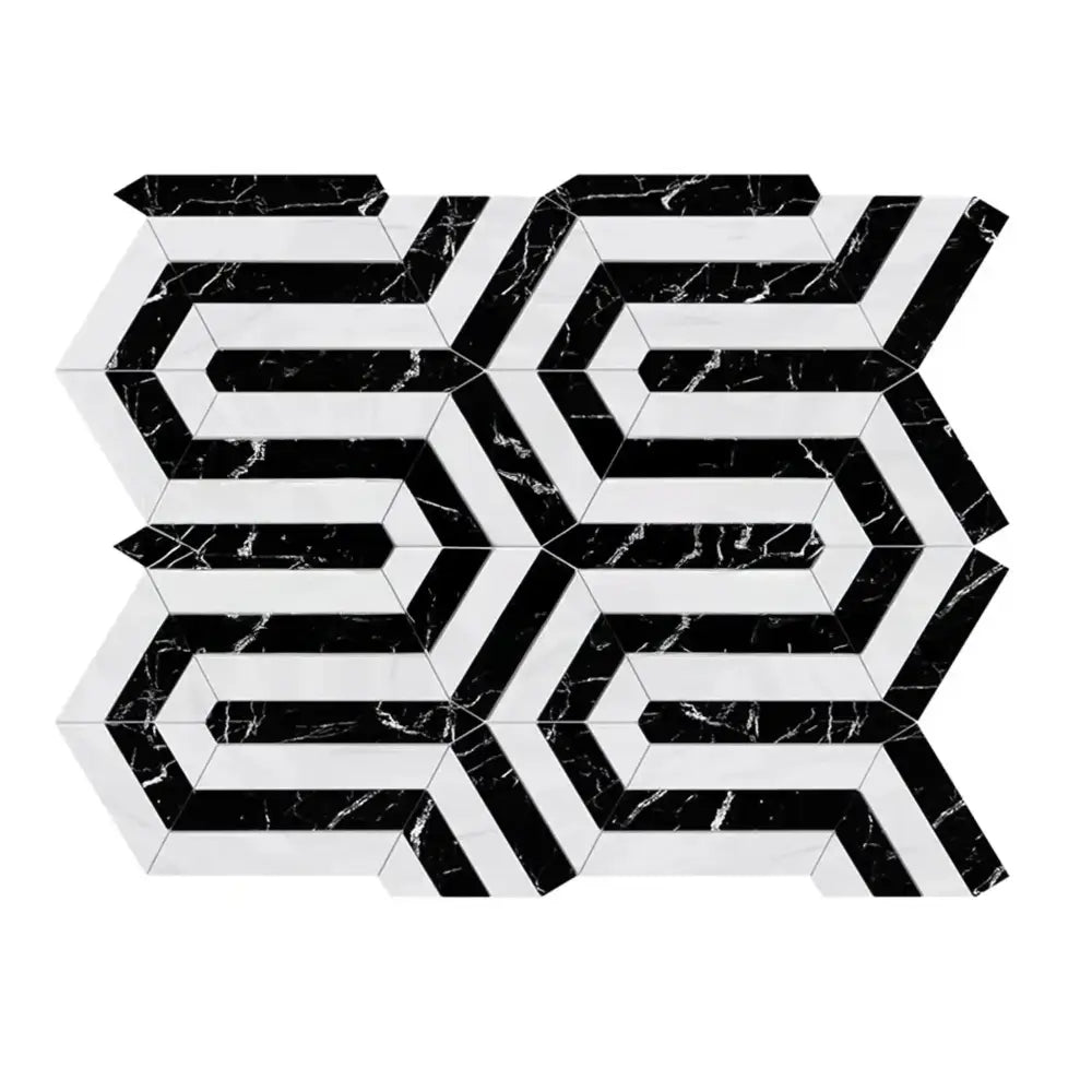 Black and white geometric tile pattern from Oriental White Aurora Asian Statuary Berlinetta design with black marble mosaic