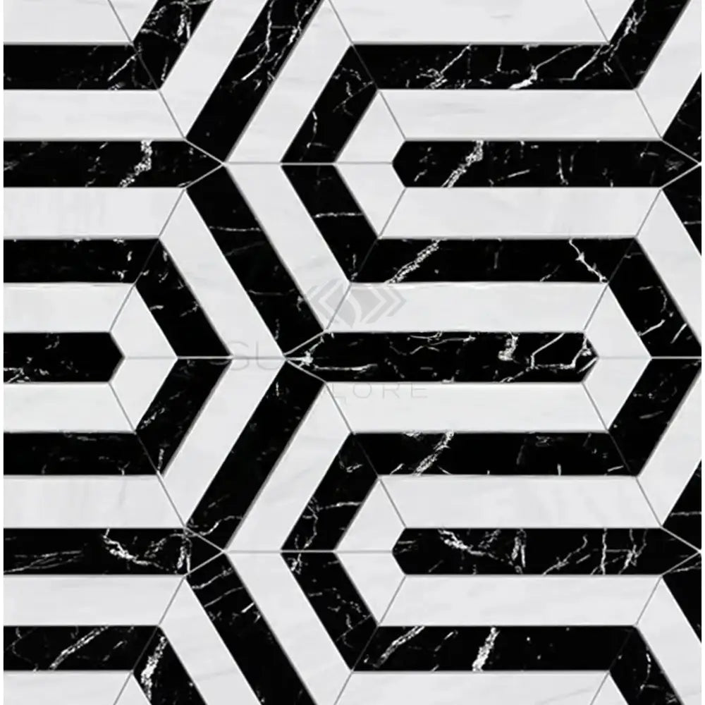 Black and white geometric tile pattern from Oriental White Aurora with Black Marble Mosaic