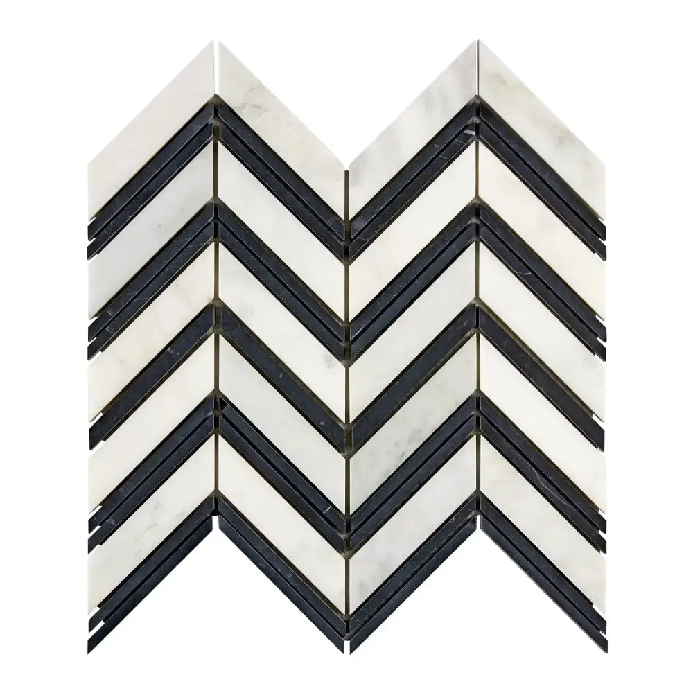 Oriental White Aurora / Asian Statuary Chevron Large (w/Oriental White Aurora White Aurora/Black) Marble Mosaic-American Stone