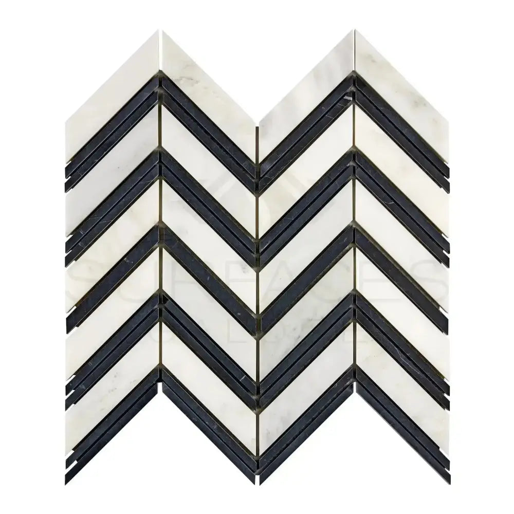 Chevron patterned tile mosaic featuring Oriental White Aurora White Aurora and Black marble