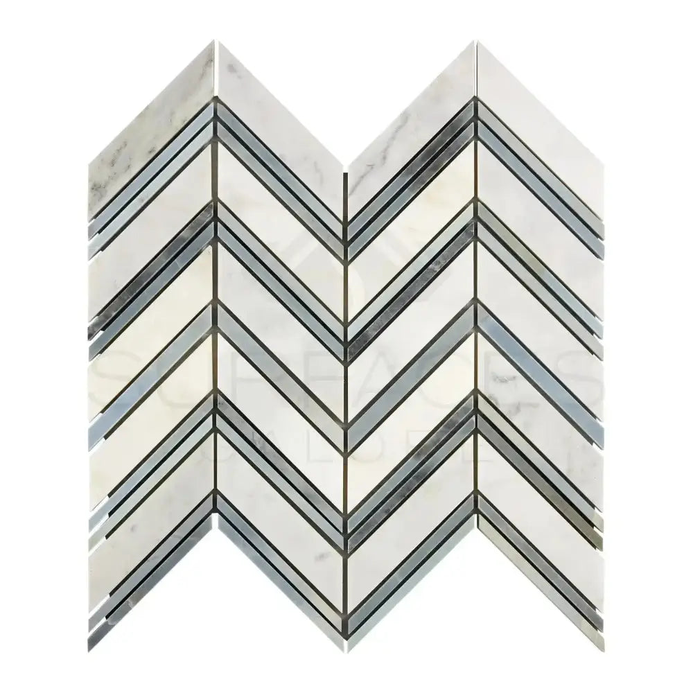 Oriental White Aurora / Asian Statuary Chevron Large (w/Oriental White Aurora White Aurora/Blue-Gray) Marble Mosaic-American Stone