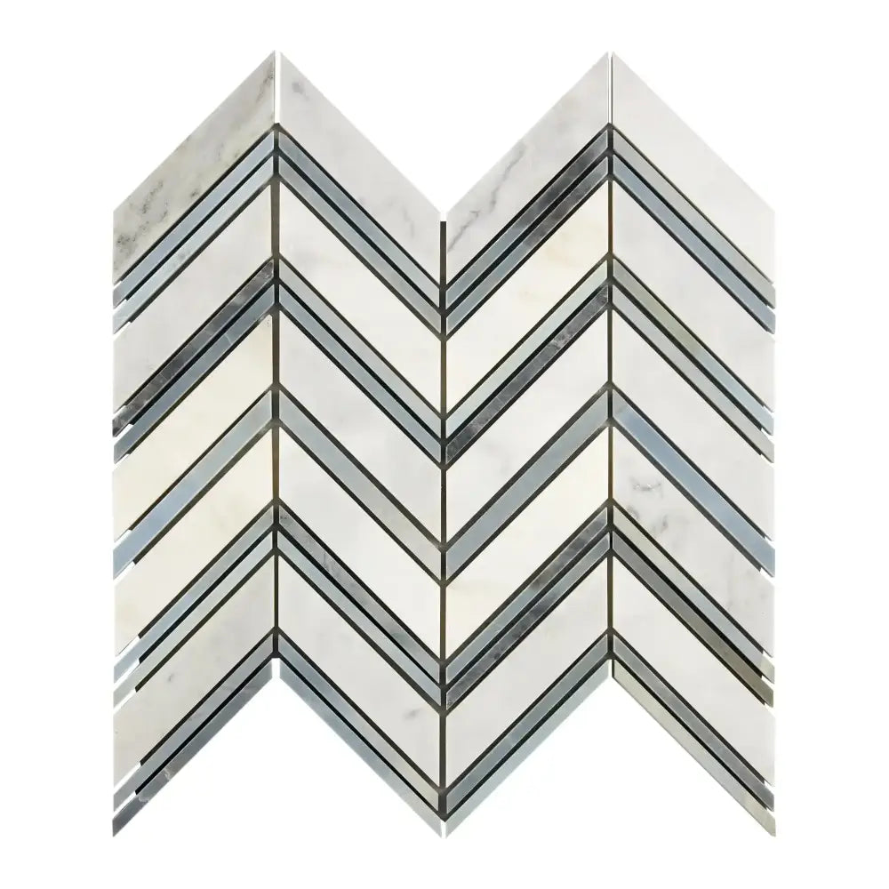 Chevron patterned marble tile in Oriental White Aurora White Aurora with blue-gray accents