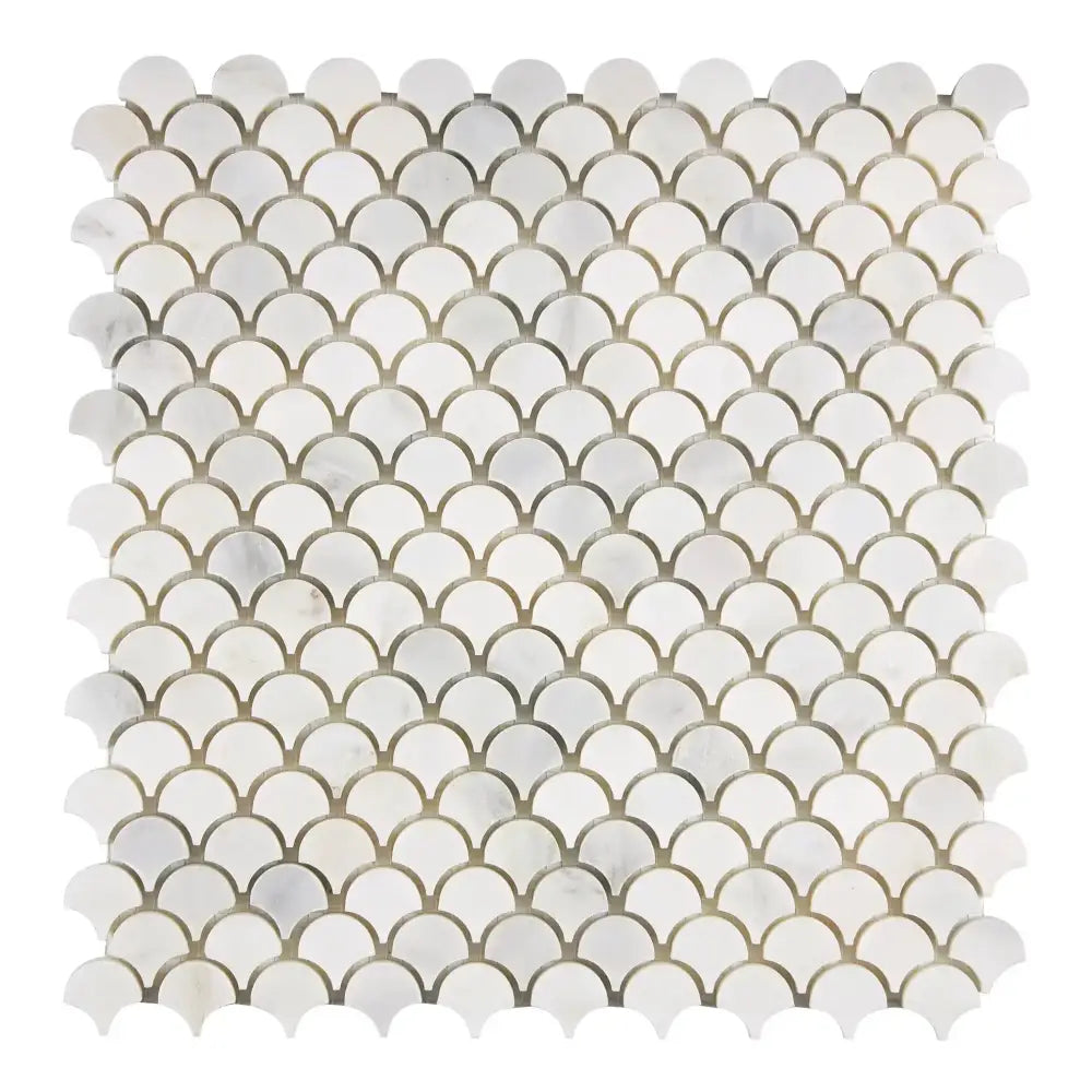 White marble scallop tile mosaic from Oriental White Aurora Asian Statuary Fan collection