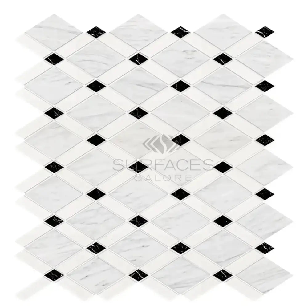 Diamond-patterned Thassos and Oriental White Aurora marble mosaic tile sheet