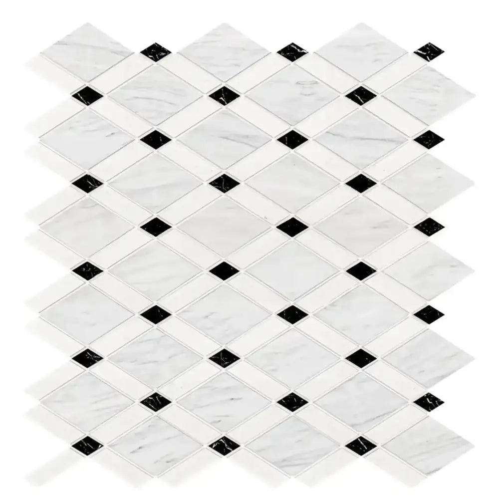 Diamond-patterned marble tile sheet from Oriental White Aurora and Black marble mosaic