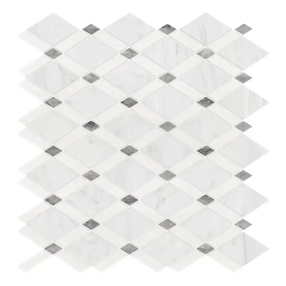 Diamond-patterned marble tile sheet from Oriental White Aurora White Aurora Mosaic