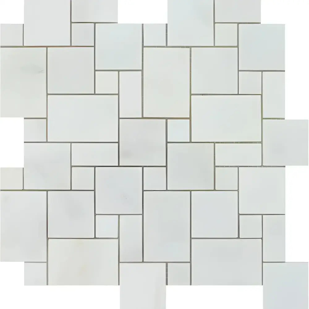 White tile mosaic from Oriental Aurora White Aurora Asian Statuary Mini-Versailles marble pattern