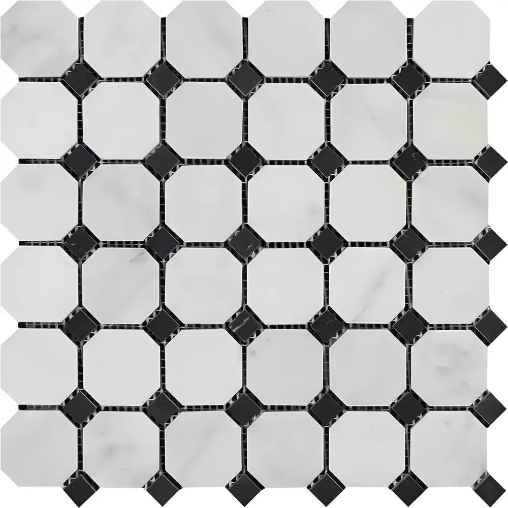 Octagon and diamond mosaic tile pattern in Oriental White Aurora with Black Marble accents