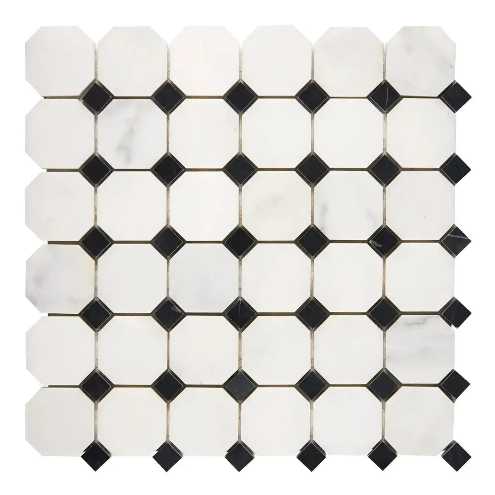 Oriental White Aurora / Asian Statuary Octagon Mosaic - w/Black Marble Mosaic-American Stone