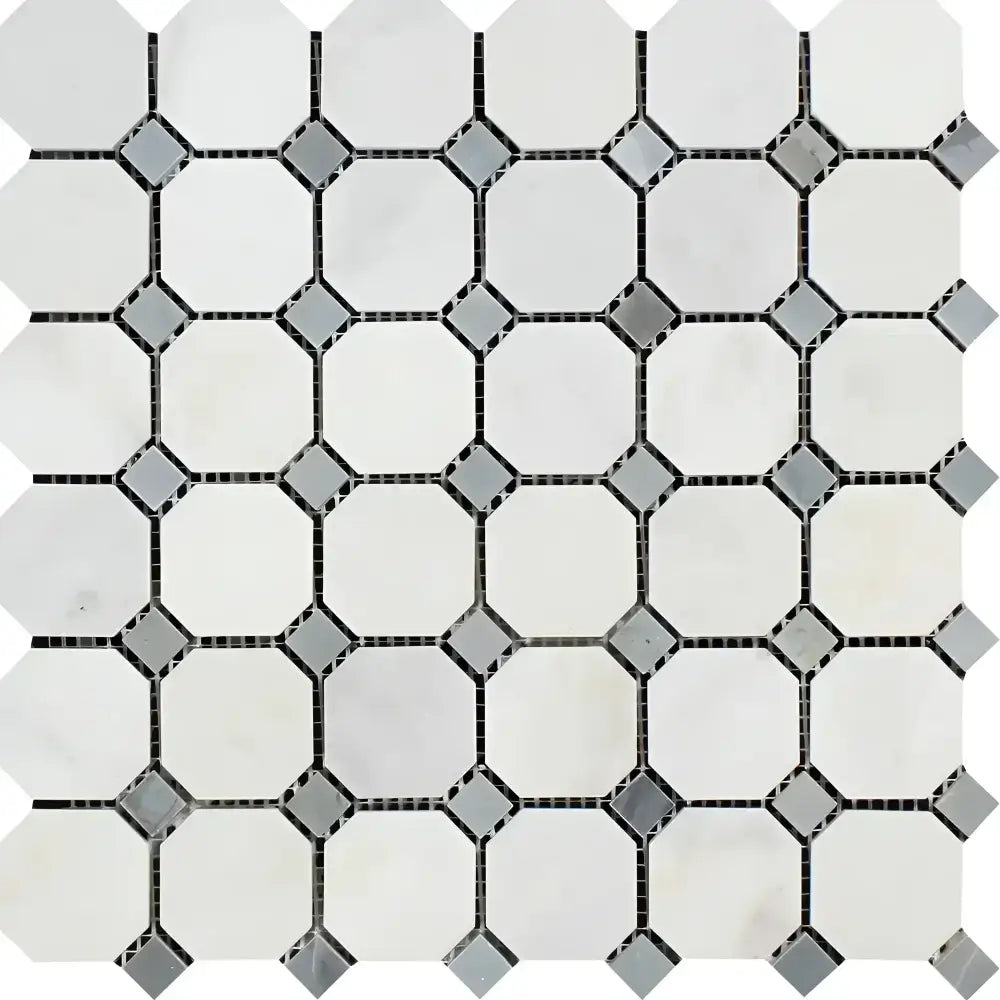 Oriental White Aurora Asian Statuary Octagon Mosaic with Blue-Gray Marble Pattern