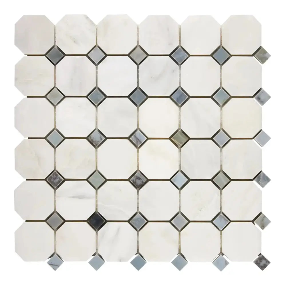 Oriental White Aurora Asian Statuary Octagon and Diamond Mosaic Tile with Blue-Gray Marble