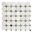 Oriental White Aurora Asian Statuary Octagon and Diamond Mosaic Tile with Blue-Gray Marble