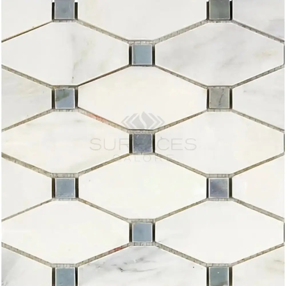Marble and glass mosaic tile from Oriental White Aurora with Blue-Gray accents