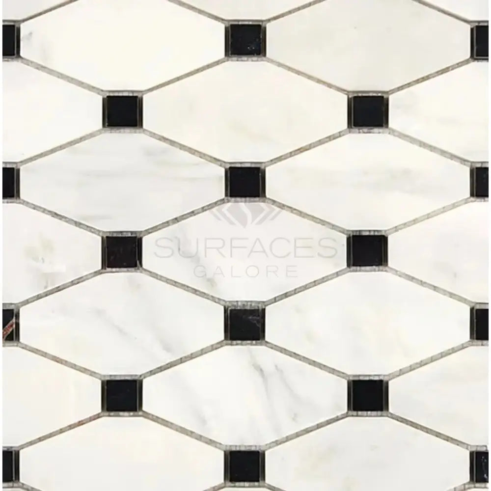 Oriental White Aurora / Asian Statuary Octave (Long Octagon) (w/ Black) Marble Mosaic-American Stone