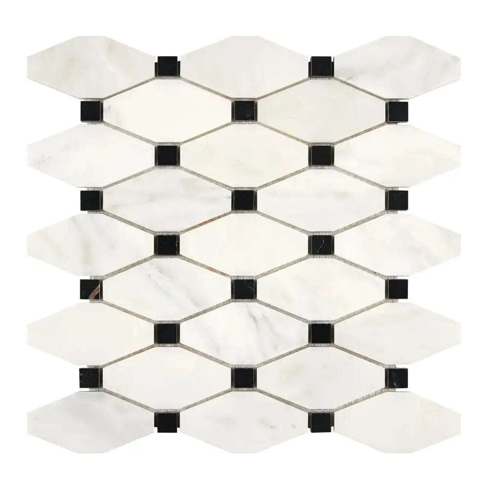 White and black mosaic tile sheet from Oriental White Aurora Asian Statuary Octave Marble