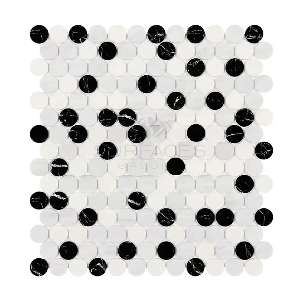 Circular black and white mosaic tile sheet from Oriental White Aurora Marble collection