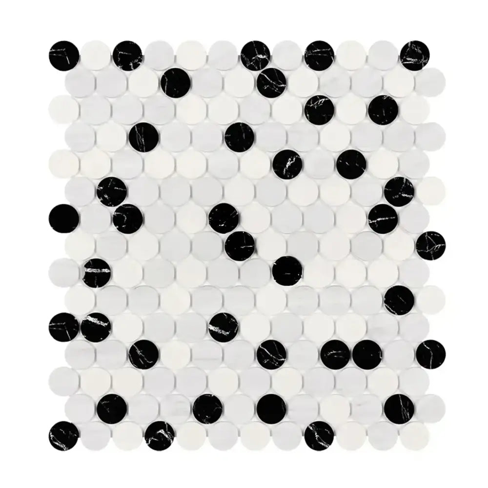 Circular black and white mosaic tile sheet from Oriental White Aurora Marble collection
