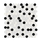 Circular black and white mosaic tile sheet from Oriental White Aurora Marble collection