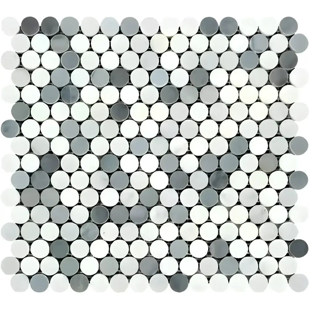 Gray and white penny tile mosaic from Oriental White Aurora Marble collection