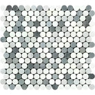 Gray and white penny tile mosaic from Oriental White Aurora Marble collection