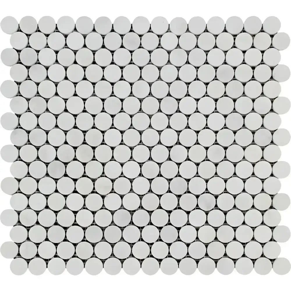 White penny tile mosaic for Oriental White Aurora or Asian Statuary marble flooring