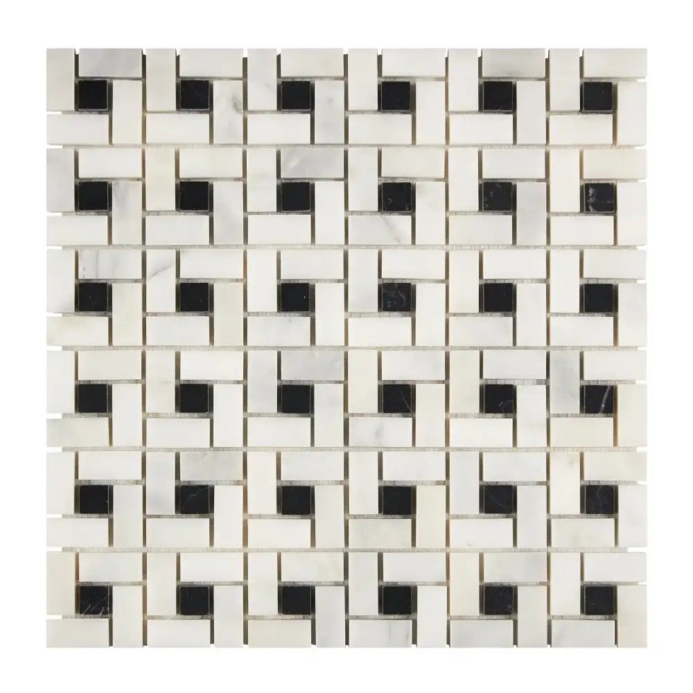 Mosaic tile pattern featuring Oriental White Aurora and Asian Statuary Black Marble