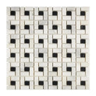 Mosaic tile pattern featuring Oriental White Aurora and Asian Statuary Black Marble