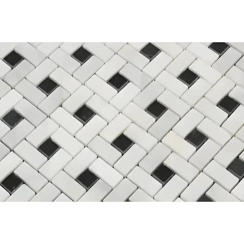White and black mosaic tile pattern from Oriental White Aurora Asian Statuary Pinwheel Marble Mosaic