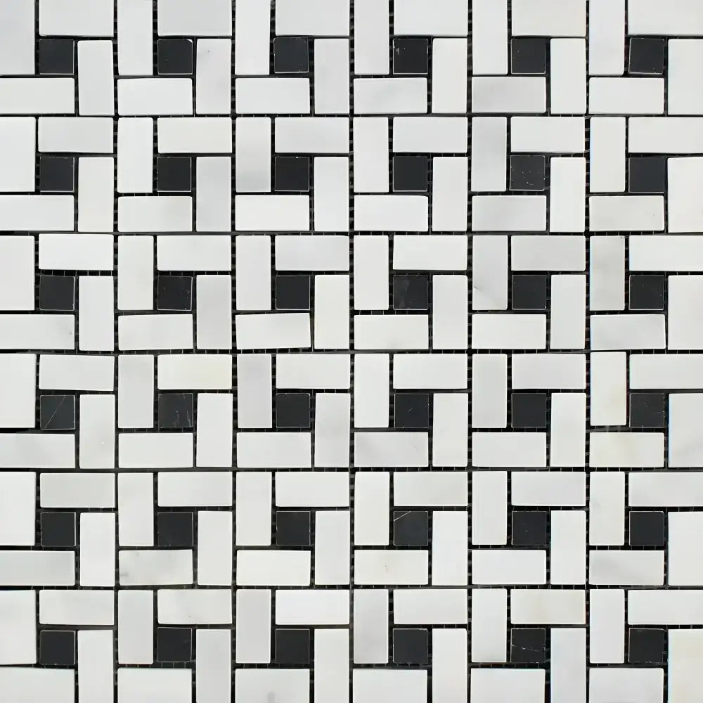 Oriental White Aurora / Asian Statuary Pinwheel Mosaic (w/Black) Marble Mosaic-American Stone
