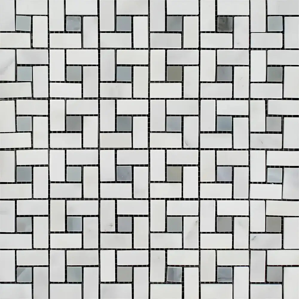 Oriental White Aurora White Aurora Asian Statuary Pinwheel Mosaic with Blue Gray Marble pattern