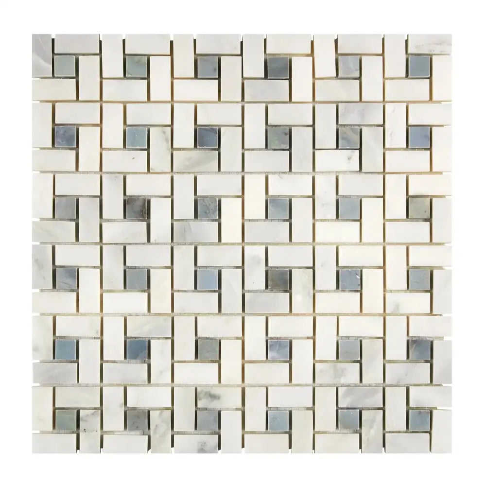 Mosaic tile pattern from Oriental White Aurora with blue-gray marble accents