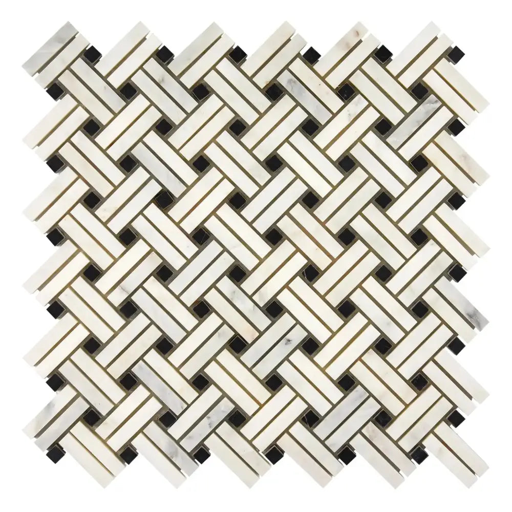Woven pattern of white and black marble tiles in Oriental Aurora Asian Statuary Mosaic