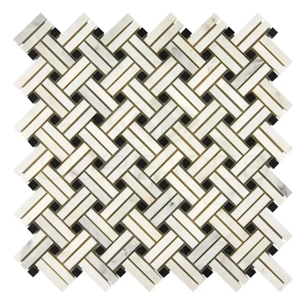 Woven white marble and black tile Asian Statuary Stanza Mosaic for elegant decor