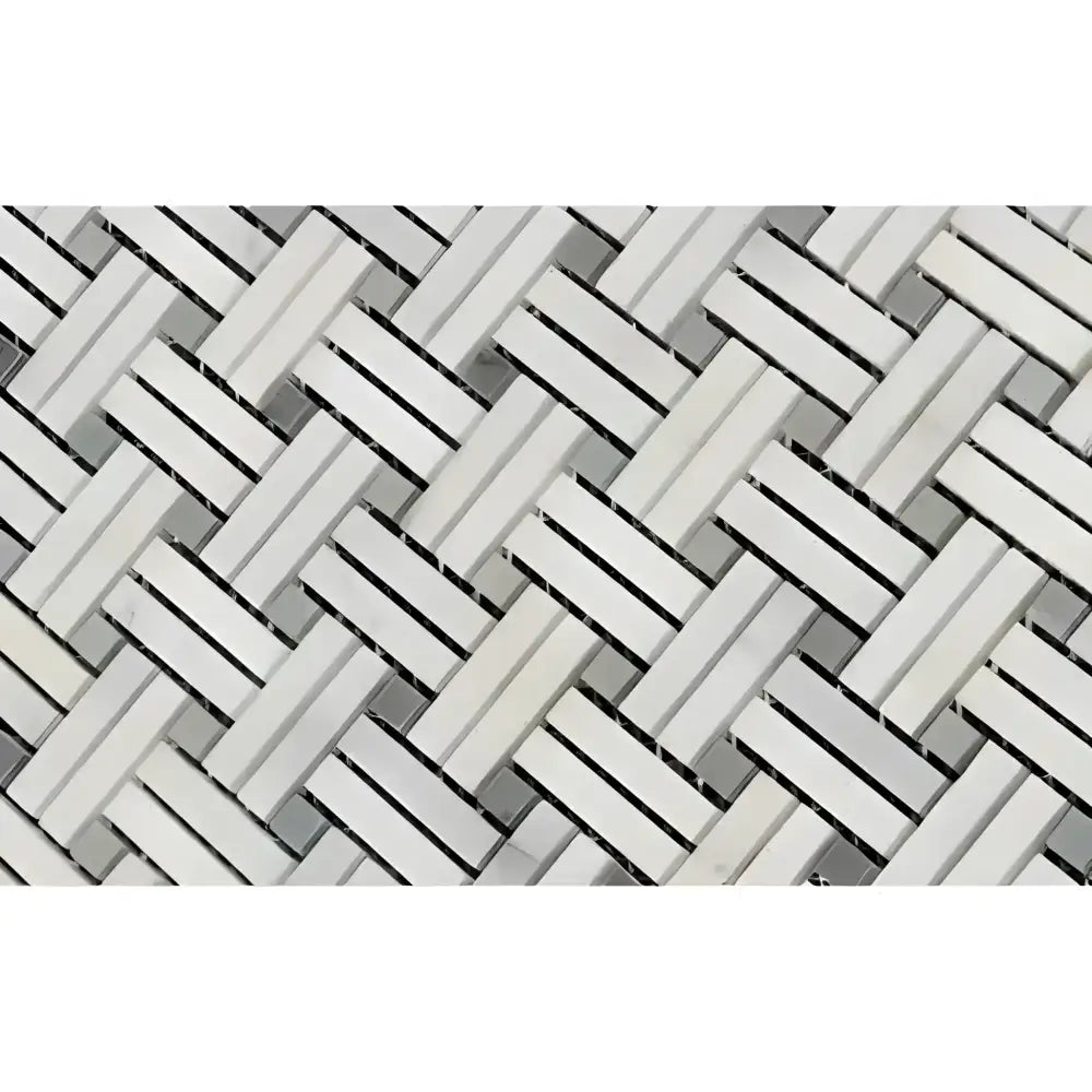 Herringbone pattern of white wooden slats in Oriental Aurora White Marble Mosaic