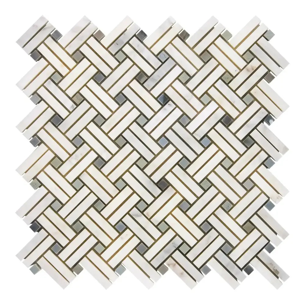 Woven marble mosaic tile from Oriental White Aurora with blue-gray accents