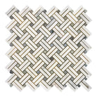 Woven marble mosaic tile from Oriental White Aurora with blue-gray accents