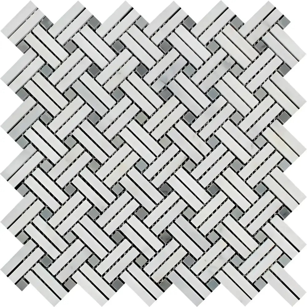 Herringbone mosaic tile pattern in Oriental White and Aurora White marble with blue-gray accents