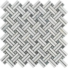 Herringbone mosaic tile pattern in Oriental White and Aurora White marble with blue-gray accents
