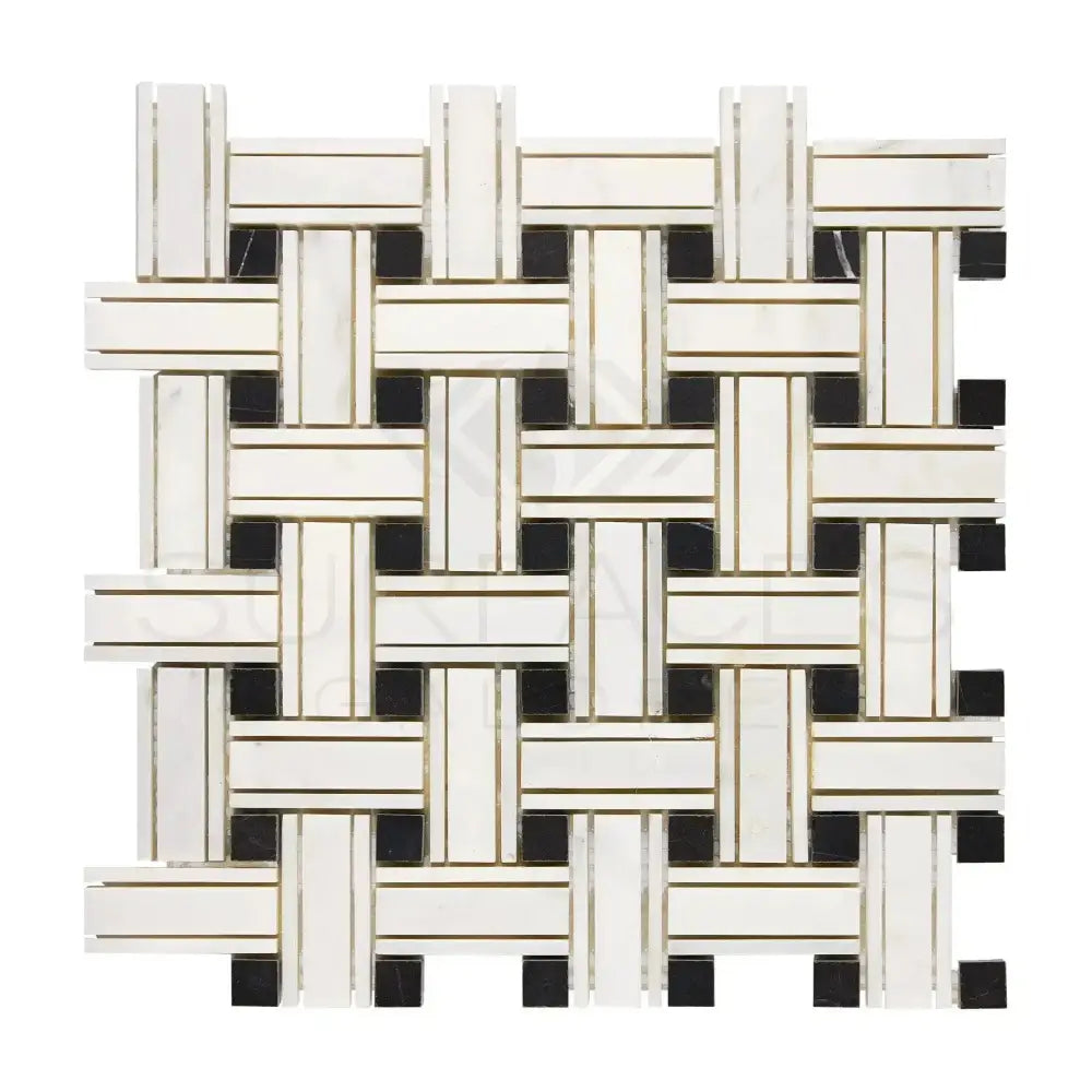 Woven pattern of white, black, and gold tiles from Oriental White Aurora Marble Mosaic