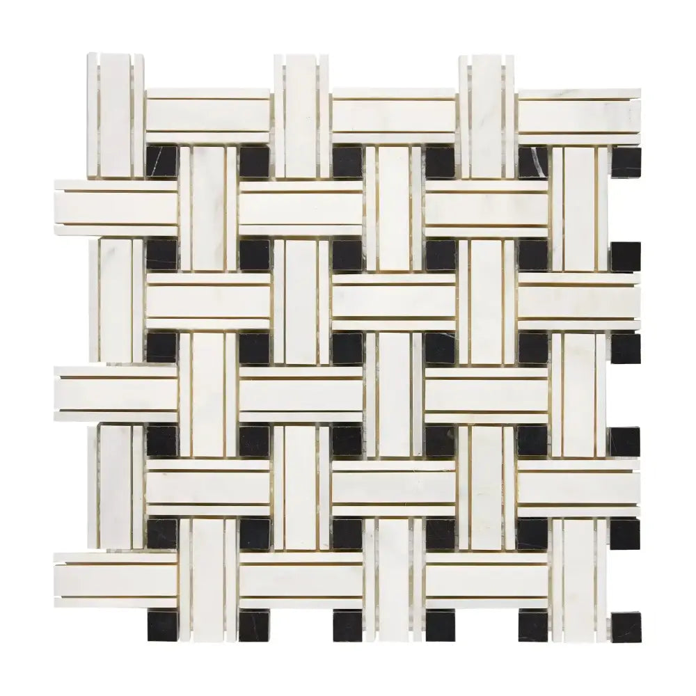 Woven pattern of White, Black, and Gold Tiles in Oriental Aurora Marble Mosaic