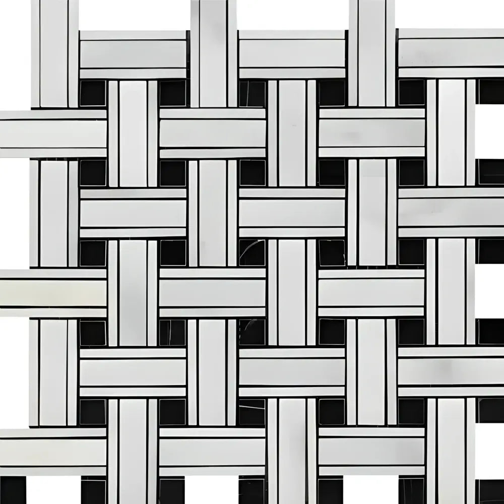 Oriental White Aurora / Asian Statuary Triple-Weave (w/Black) Marble Mosaic-American Stone