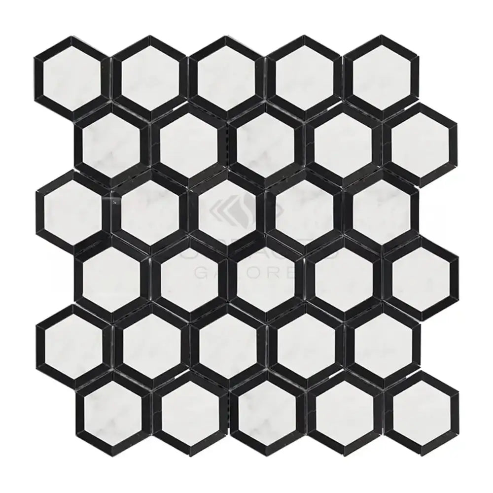 Oriental White Aurora / Asian Statuary Vortex 2" Hexagon w/Black Marble Mosaic-American Stone