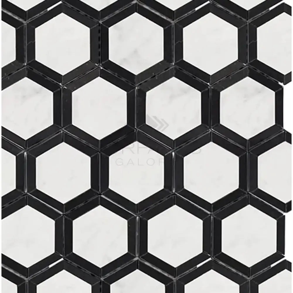 Black and white hexagonal tile pattern from Oriental White Aurora Vortex Marble Mosaic